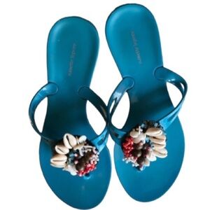 Nanette Lapore size 10 blue jelly flip flops embellished with shells & beads